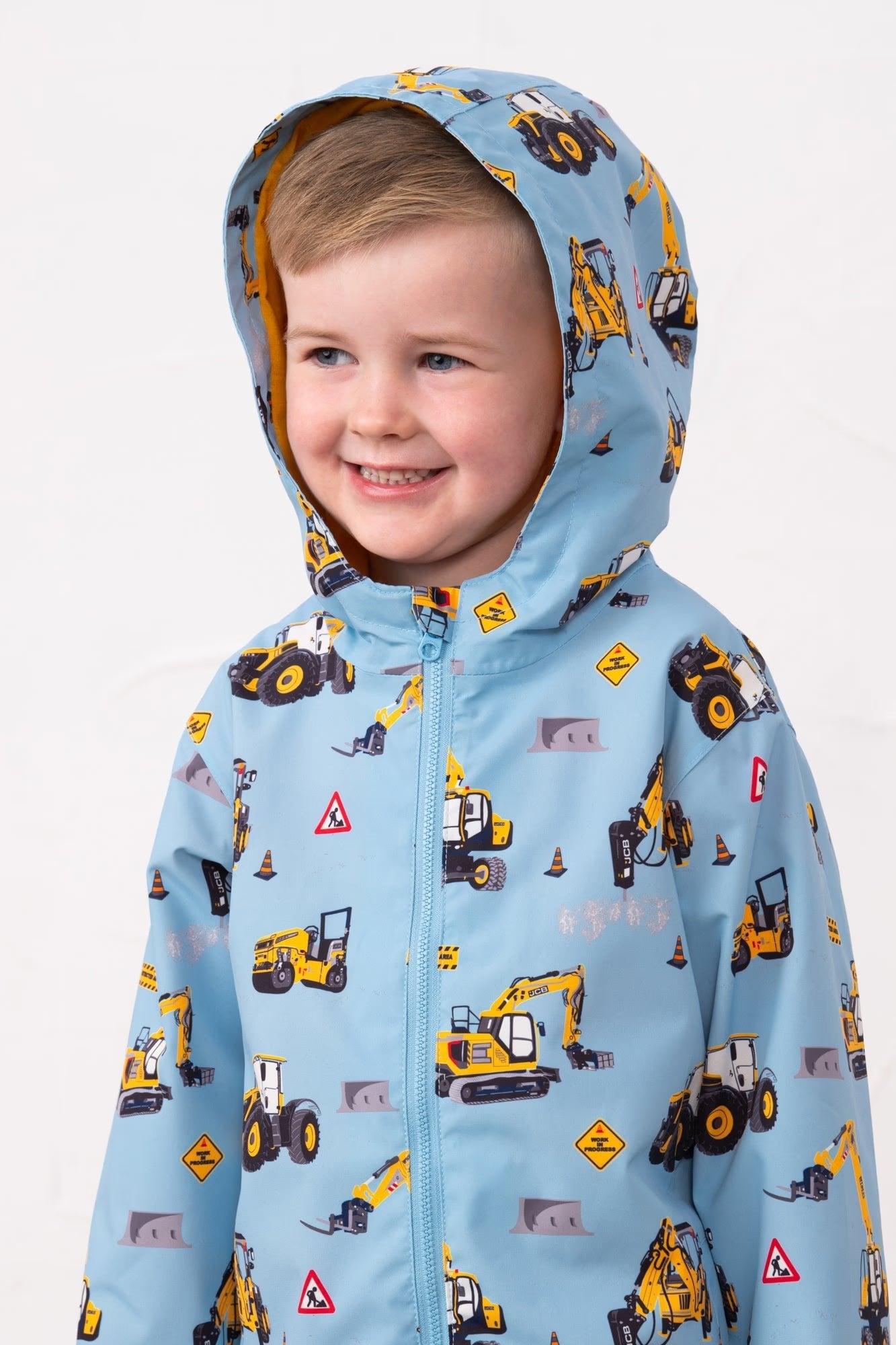 Ethan Boys Blue JCB Tractor Print Rain Jacket with hood