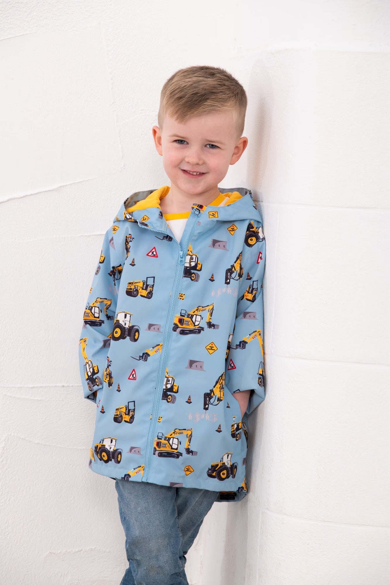 Ethan Boys Blue JCB Tractor Print Rain Jacket with hood