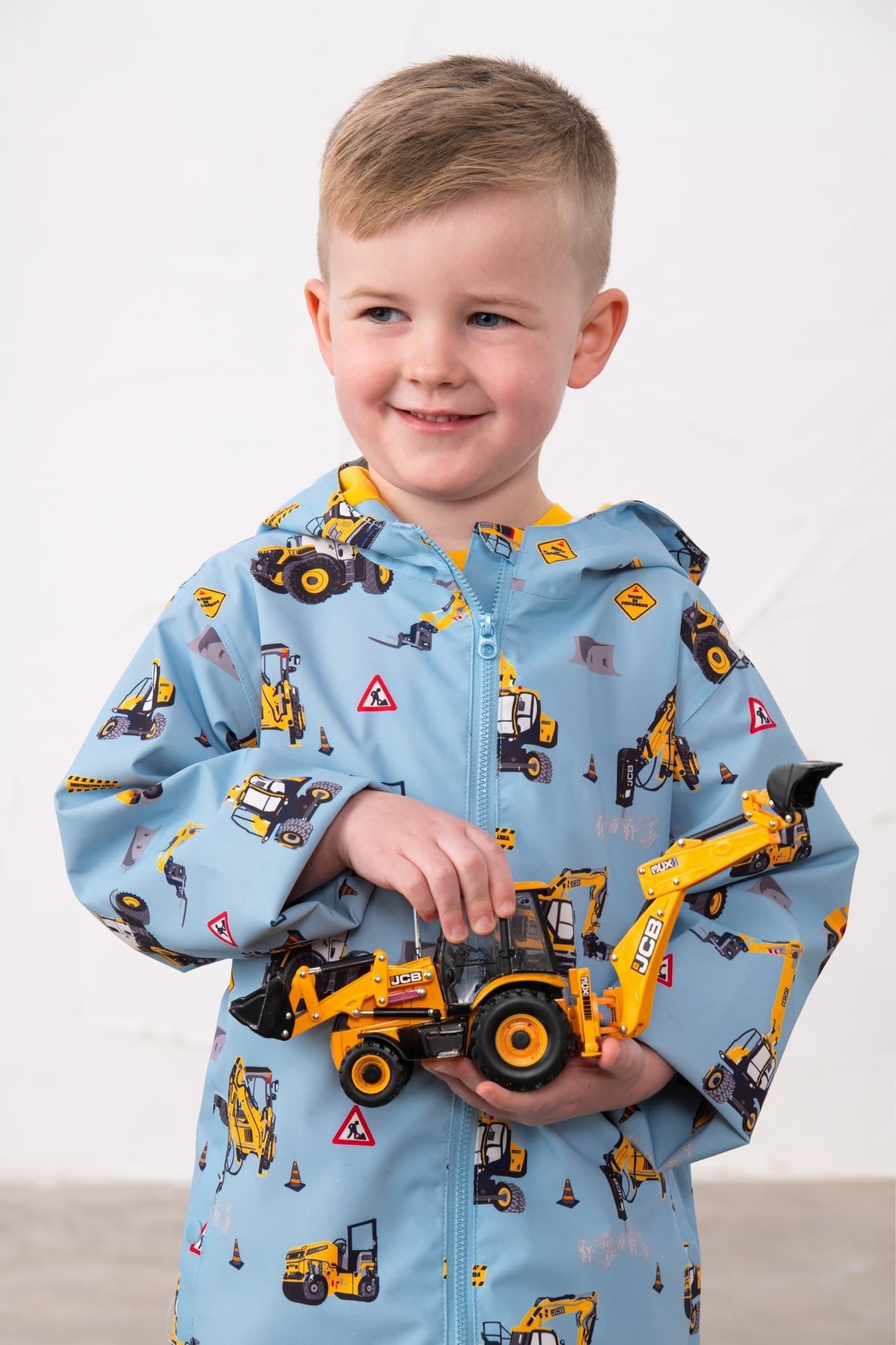Ethan Boys Blue JCB Tractor Print Rain Jacket with hood