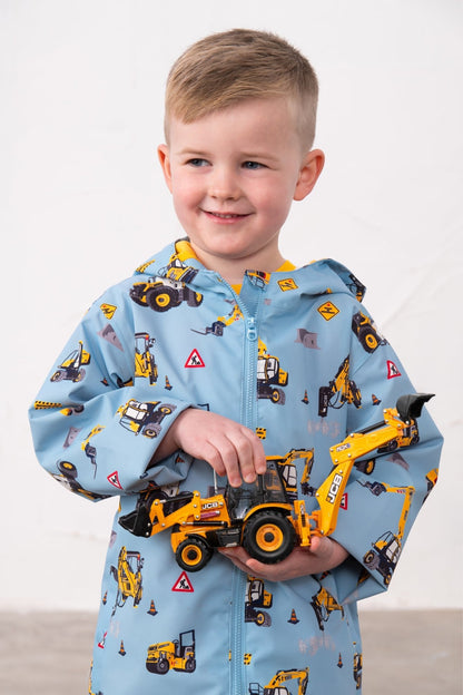 Ethan Boys Blue JCB Tractor Print Rain Jacket with hood
