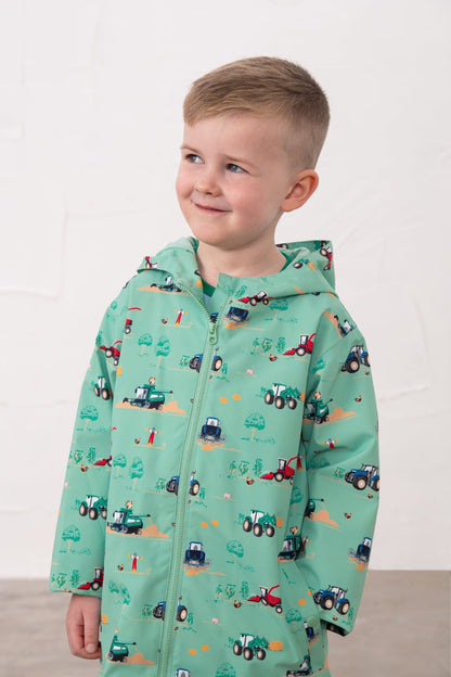 Ethan Boys Sea Green JCB Tractor Print Rain Jacket with hood