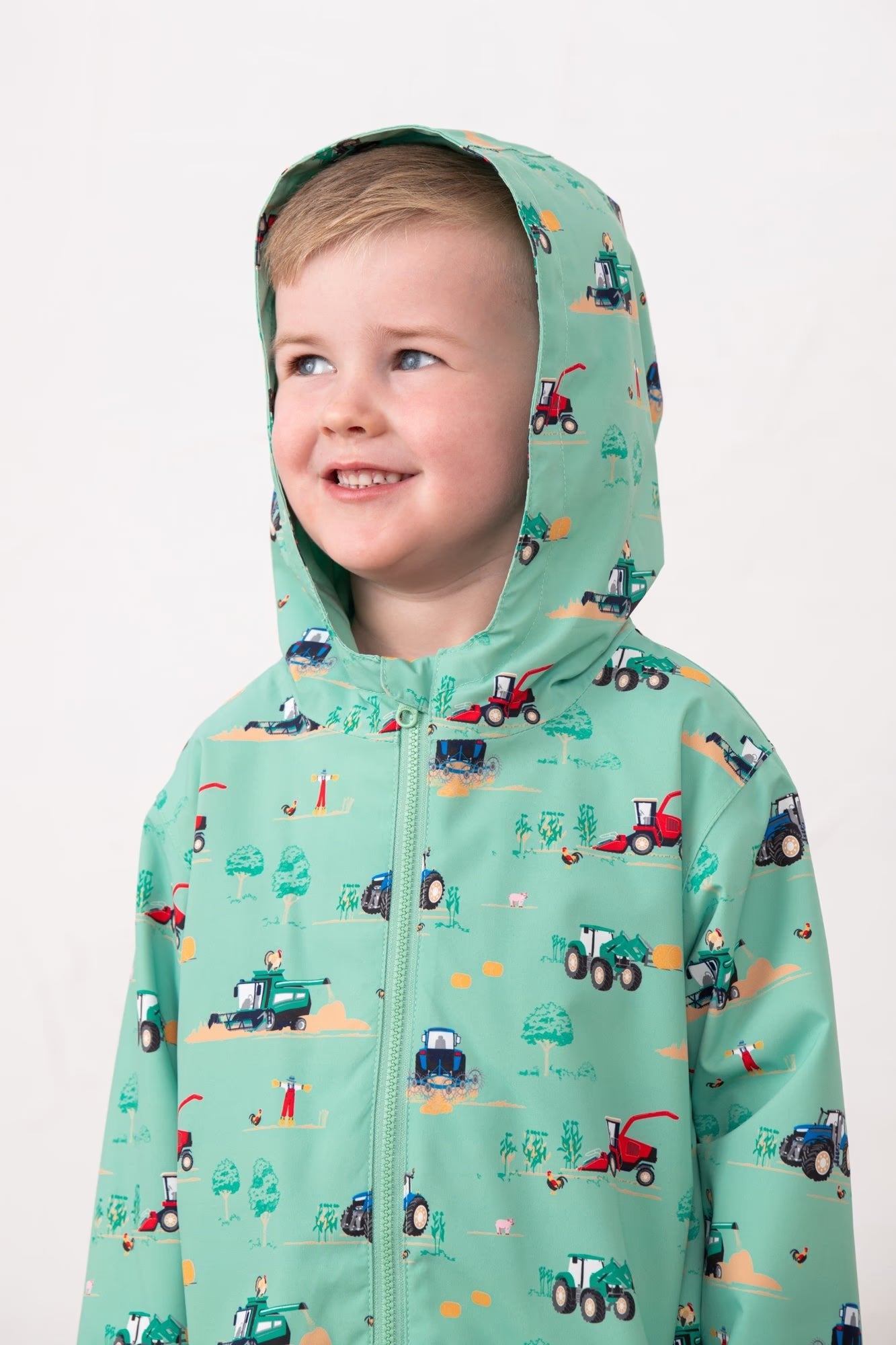 Ethan Boys Sea Green JCB Tractor Print Rain Jacket with hood