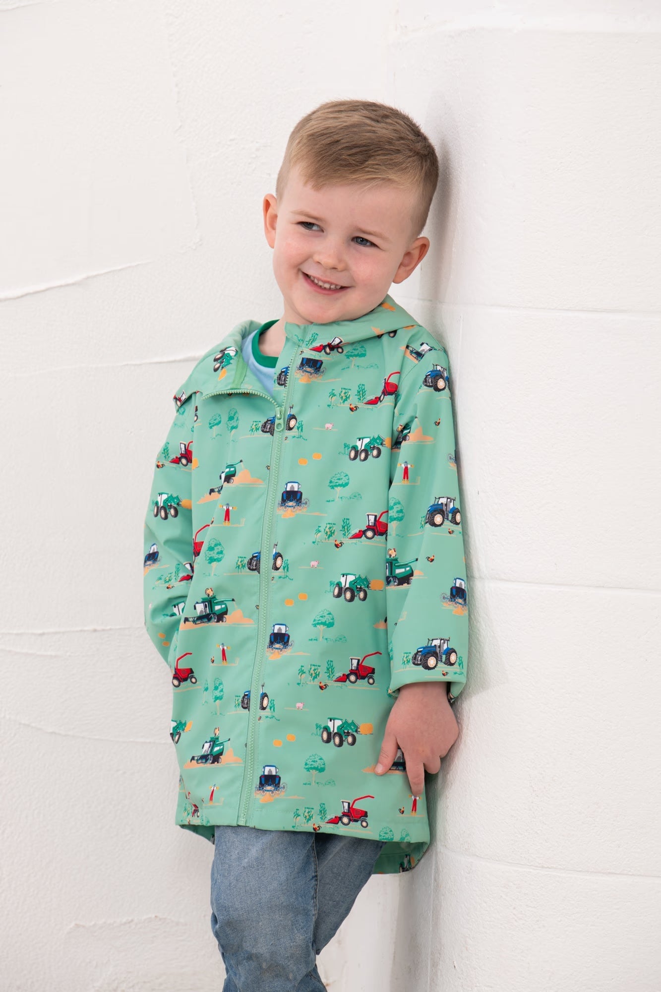 Ethan Boys Sea Green JCB Tractor Print Rain Jacket with hood