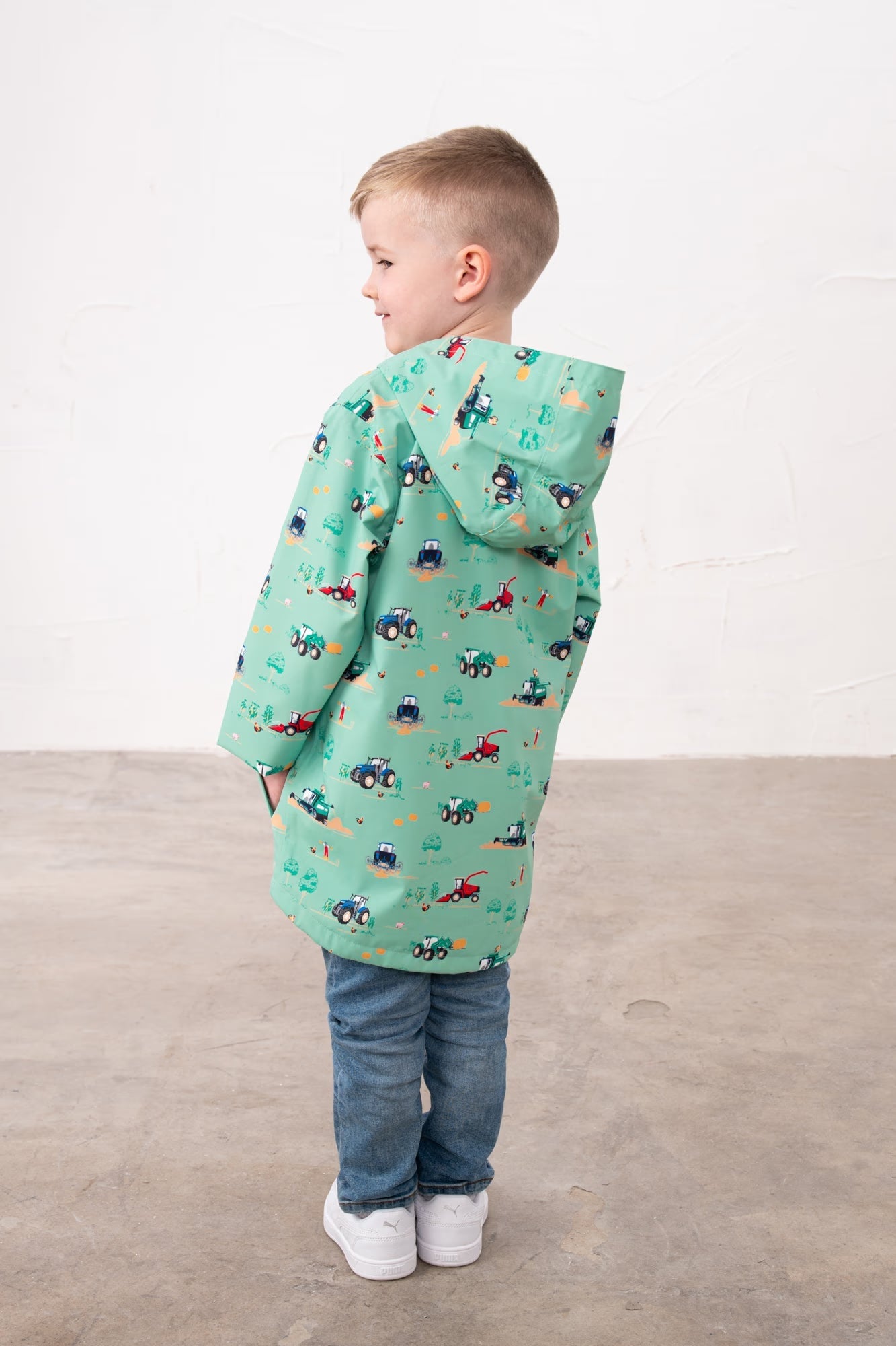 Ethan Boys Sea Green JCB Tractor Print Rain Jacket with hood