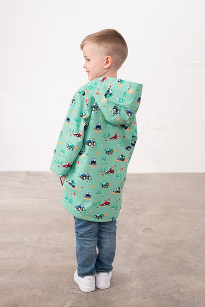 Ethan Boys Sea Green JCB Tractor Print Rain Jacket with hood