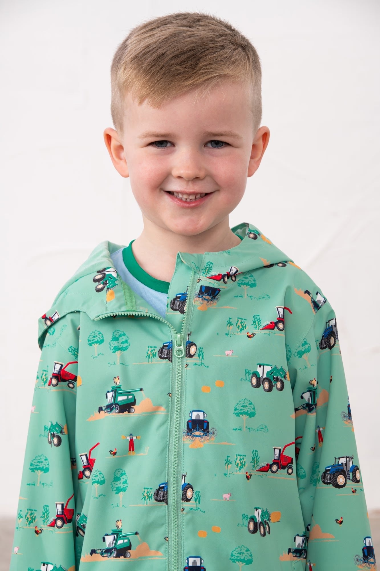 Ethan Boys Sea Green JCB Tractor Print Rain Jacket with hood