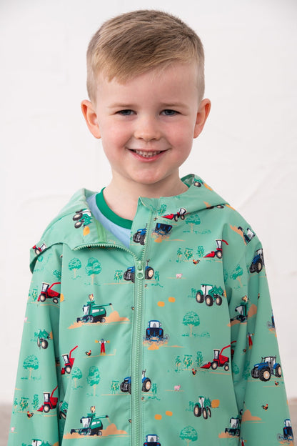 Ethan Boys Sea Green JCB Tractor Print Rain Jacket with hood