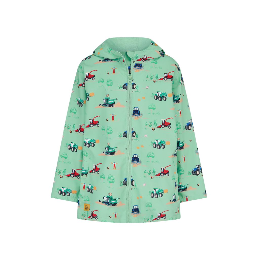 Ethan Boys Sea Green JCB Tractor Print Rain Jacket with hood