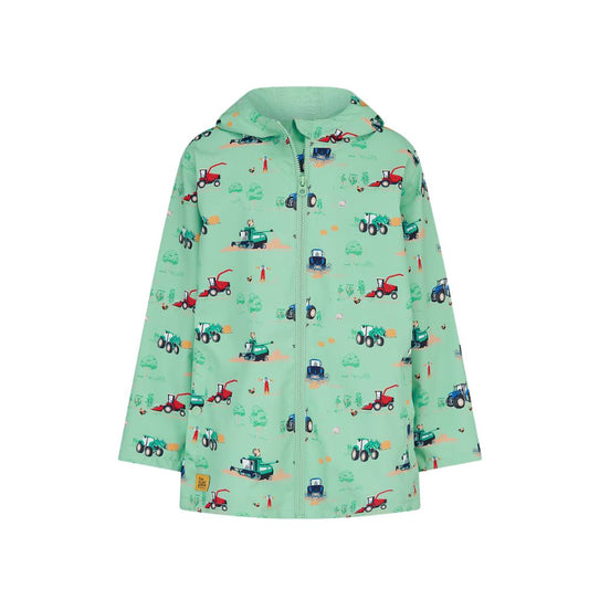 Ethan Boys Sea Green JCB Tractor Print Rain Jacket with hood