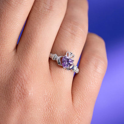 Silver February Birthstone Amethyst Women's Claddagh Ring