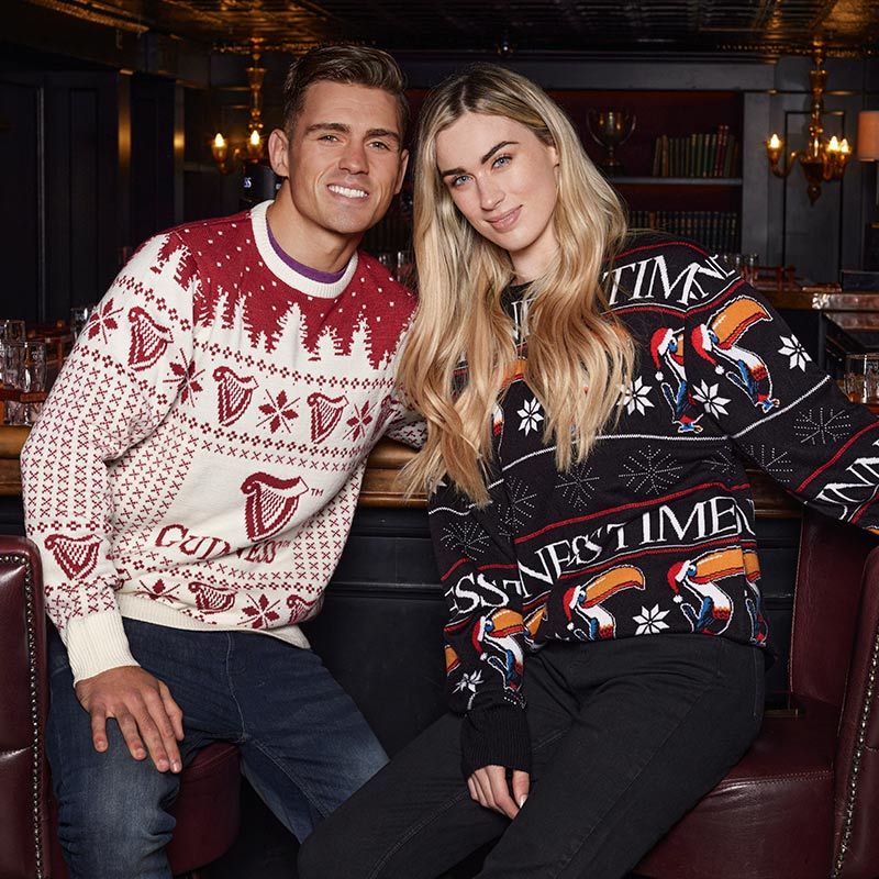 Guinness Men's Christmas Jumper Jersey Cream and Red