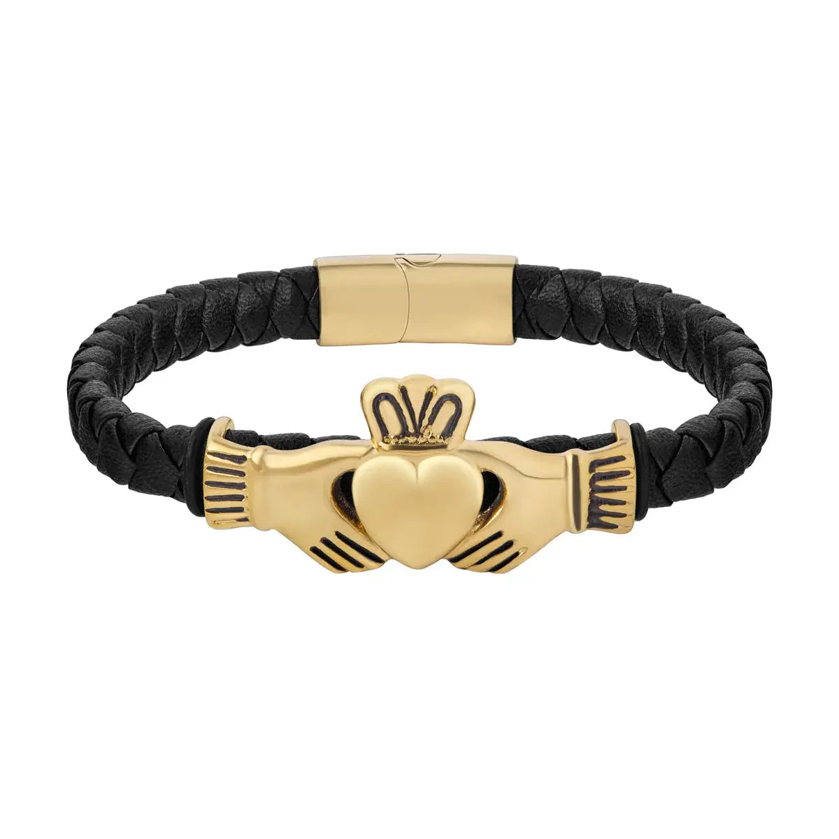 Gold and Black Leather Claddagh Bracelet by Solvar
