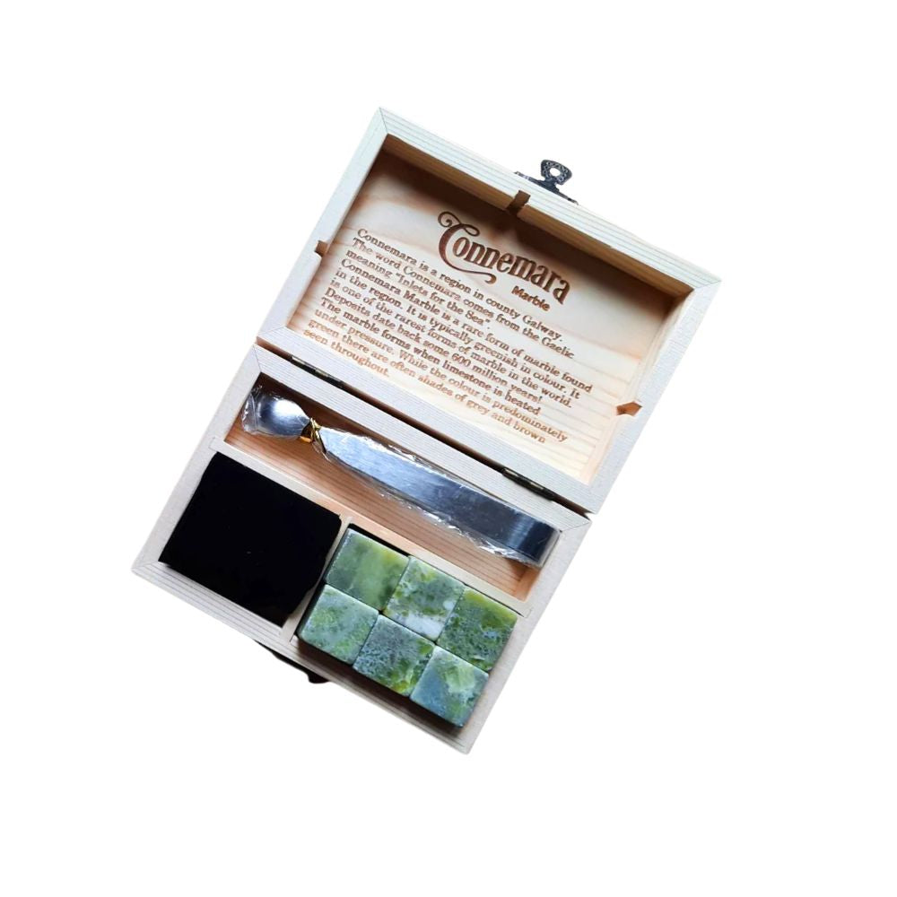 Connemara Marble Whiskey Stones in Handmade Wooden Gift Box