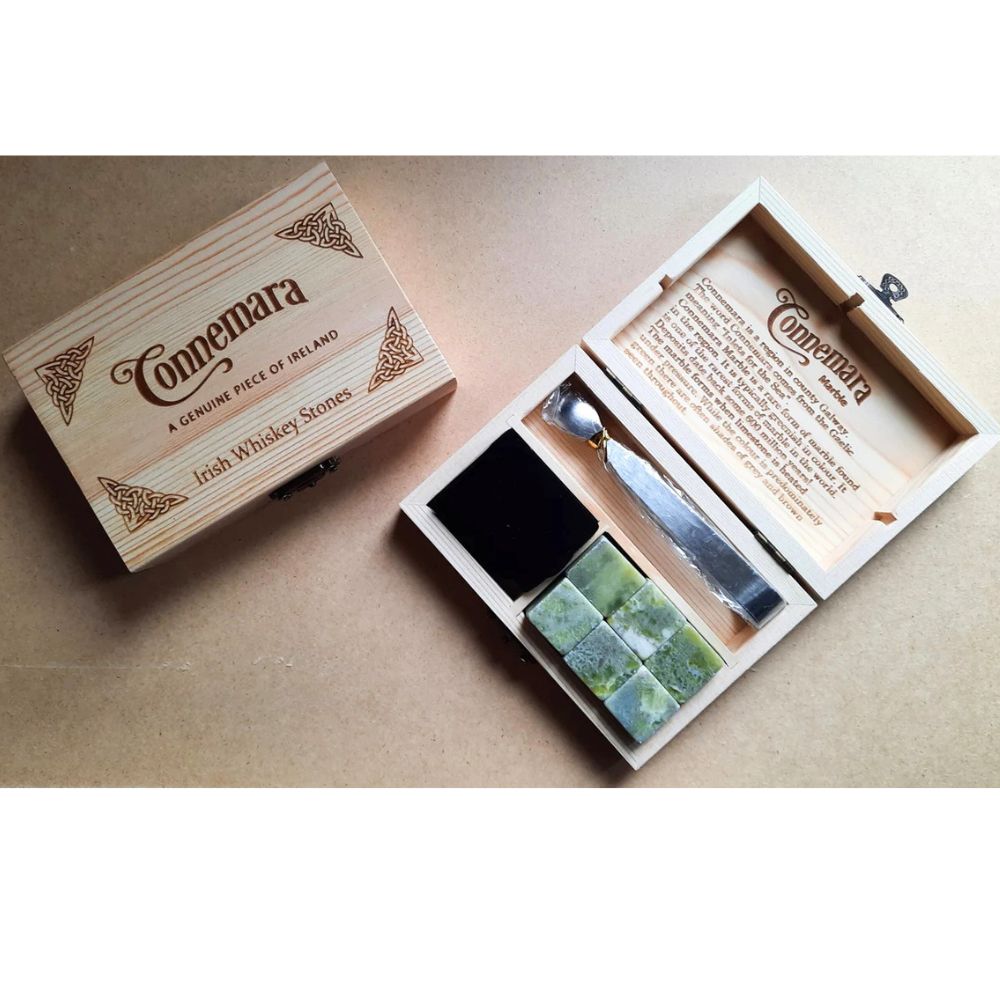 Connemara Marble Whiskey Stones in Handmade Wooden Gift Box