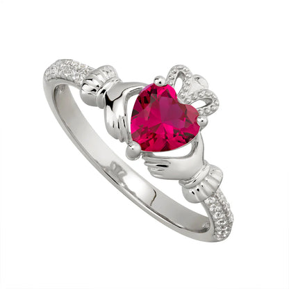 Silver July Birthstone Ruby Women's Claddagh Ring
