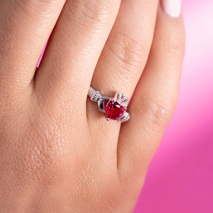 Silver July Birthstone Ruby Women's Claddagh Ring