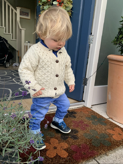 Fianna Woollen Mills Kids Aran Cardigan Natural with Brown Buttons