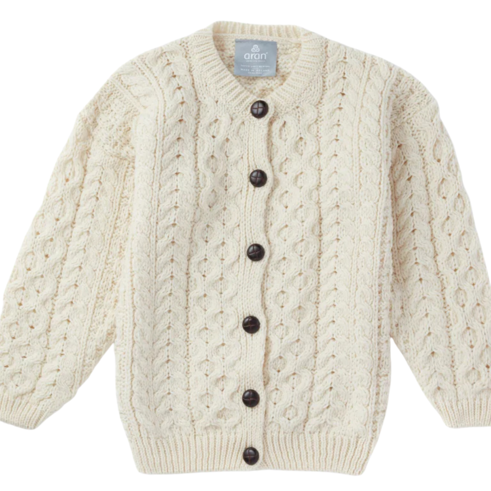 Fianna Woollen Mills Kids Aran Cardigan Natural with Brown Buttons
