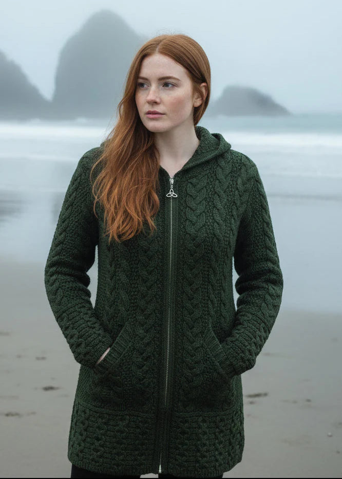 Aran Woman's Hooded Celtic Knot Zipper Cardigan Green