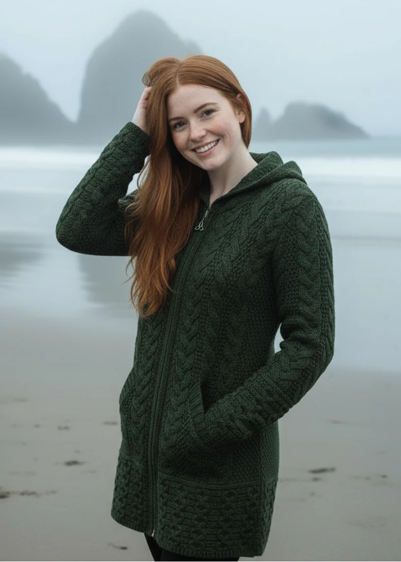 Aran Woman's Hooded Celtic Knot Zipper Cardigan Green