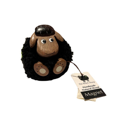 Fluffy Wool Sheep Fridge Magnet Black with wood face and feet