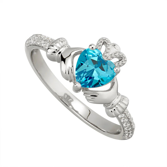 Silver March Birthstone Aquamarine Women's Claddagh Ring