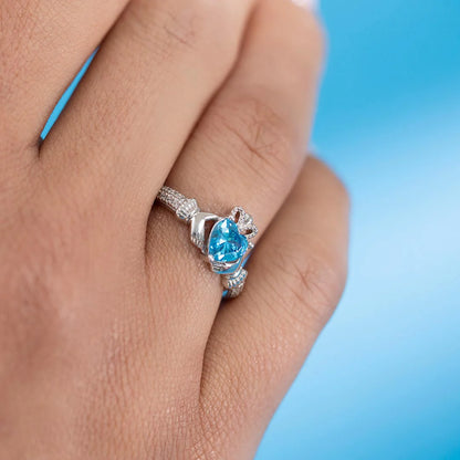 Silver March Birthstone Aquamarine Women's Claddagh Ring