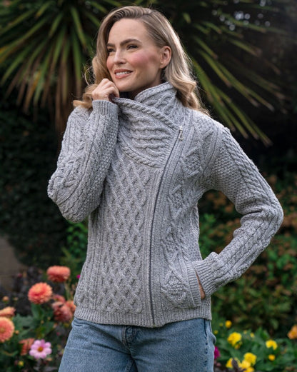 Aran Cable Knit Woollen Side Sweater for Women with Claddagh Zip Silver Grey Colour