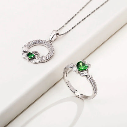 Silver May Birthstone Emerald Women's Claddagh Ring