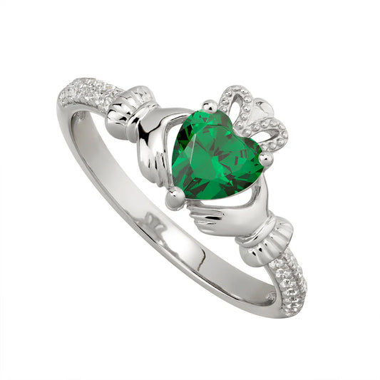 Silver May Birthstone Emerald Women's Claddagh Ring