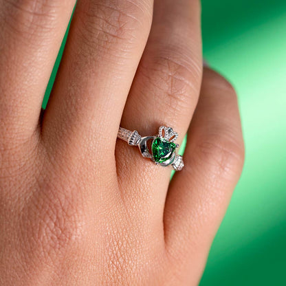 Silver May Birthstone Emerald Women's Claddagh Ring