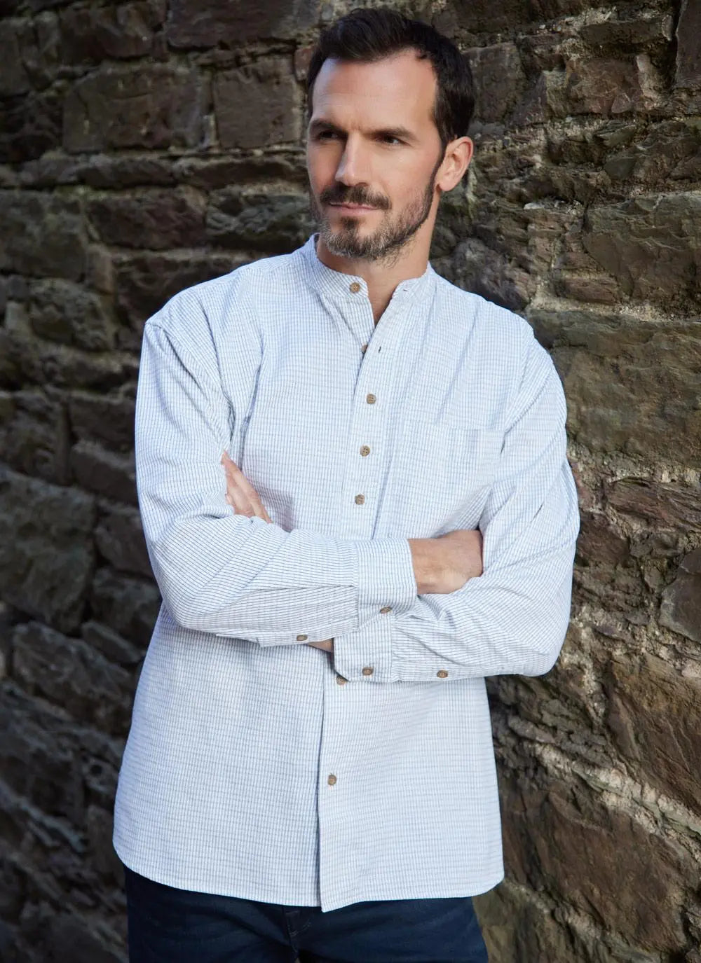 Irish Blue Check Men's Grandfather Shirt