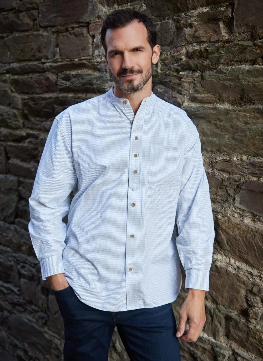 Irish Blue Check Men's Grandfather Shirt