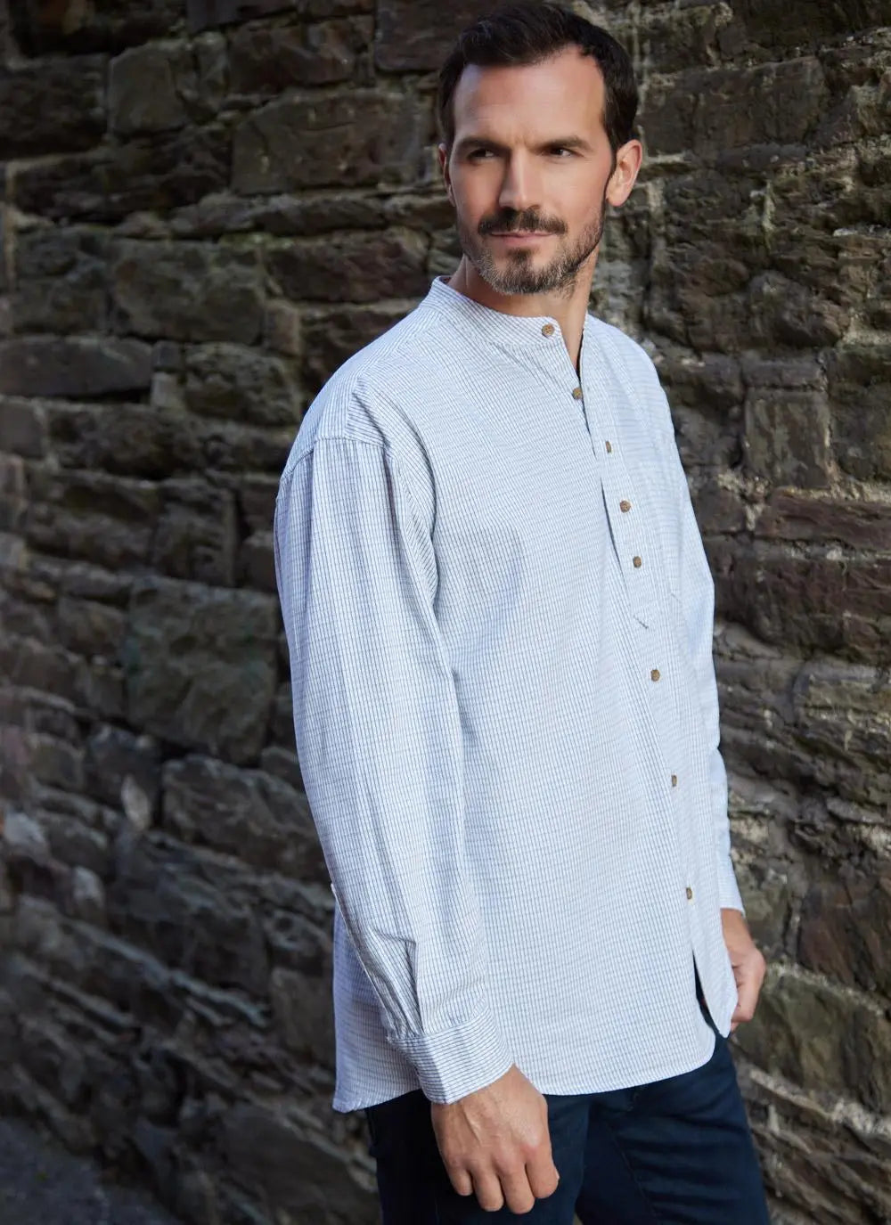 Irish Blue Check Men's Grandfather Shirt