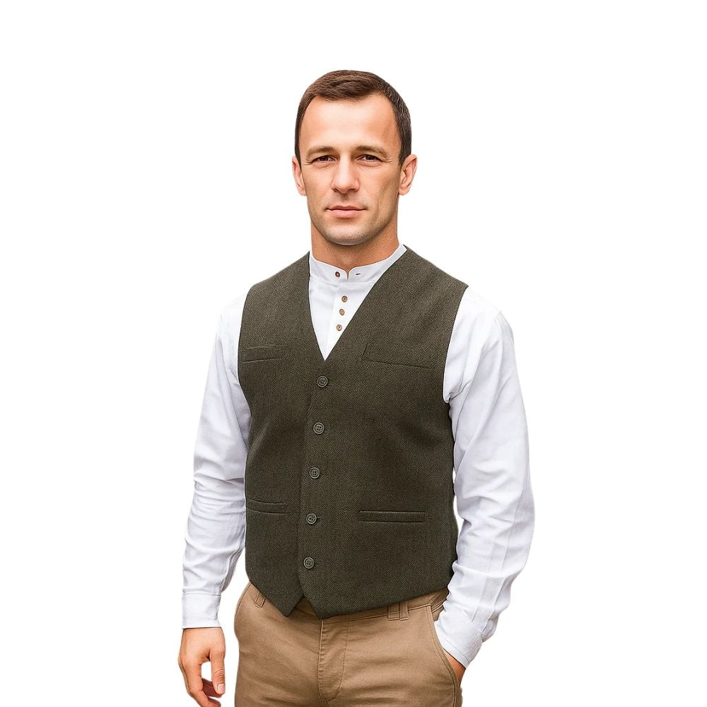 Emerald Isle Men's Tweed Herringbone Waistcoat Olive Green