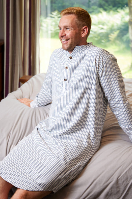 Men's Flannel Nightshirt - Blue/Ivory Strip