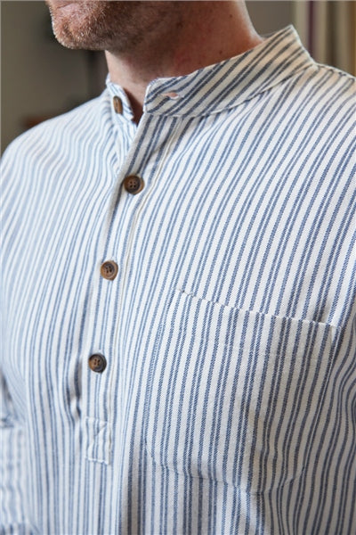 Men's Flannel Nightshirt Blue and Ivory Strip