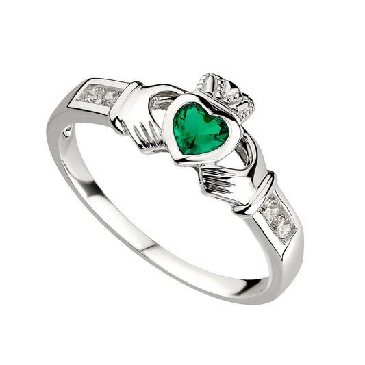 Silver Women's Emerald Shoulders Claddagh Ring with Cubic Zirconia detail
