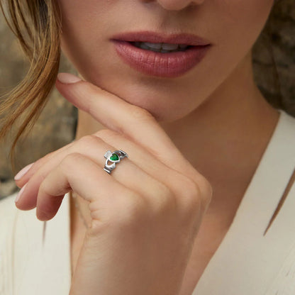 Silver Women's Emerald Shoulders Claddagh Ring with Cubic Zirconia detail