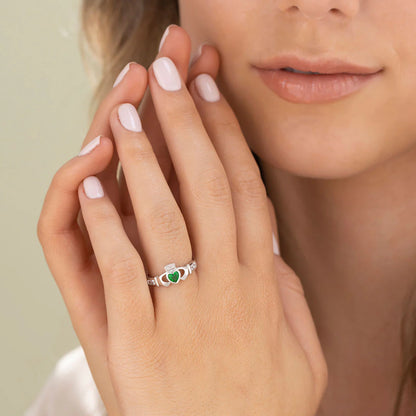 Silver Women's Emerald Shoulders Claddagh Ring with Cubic Zirconia detail