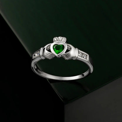 Silver Women's Emerald Shoulders Claddagh Ring with Cubic Zirconia detail