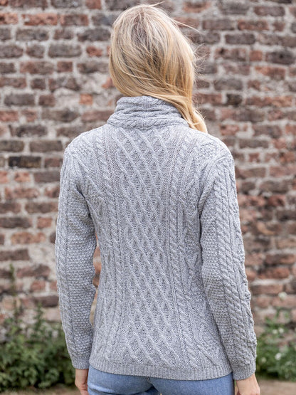 Aran Cable Knit Woollen Side Sweater for Women with Claddagh Zip Silver Grey Colour