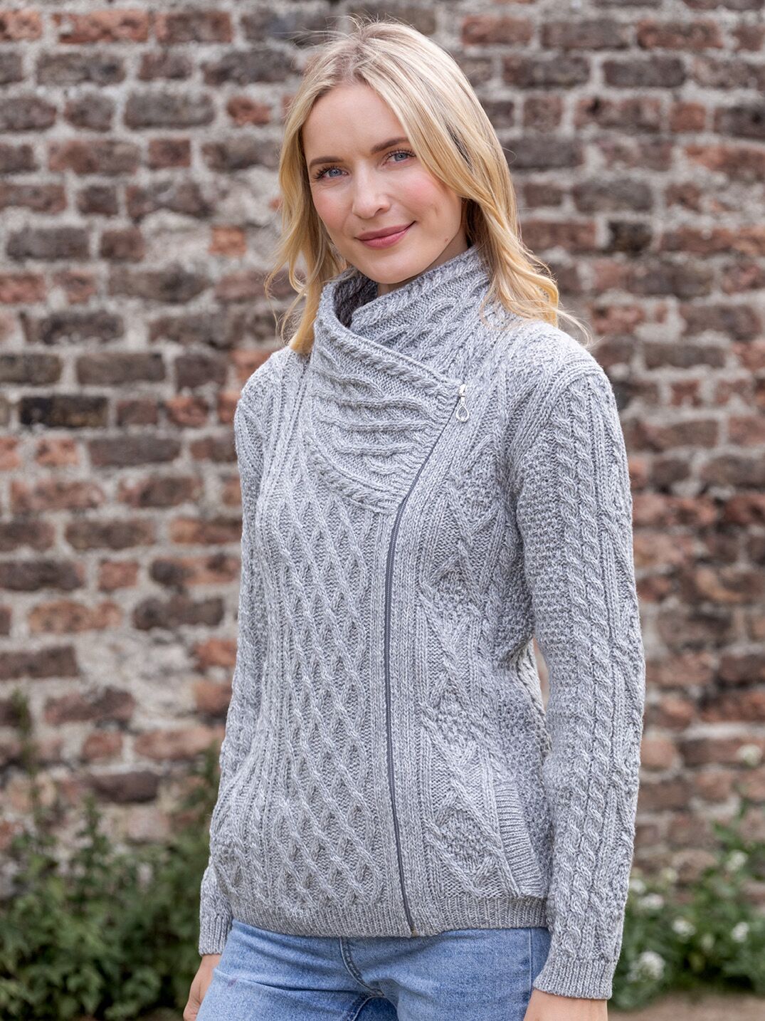 Aran Cable Knit Woollen Side Sweater for Women with Claddagh Zip Silver Grey Colour